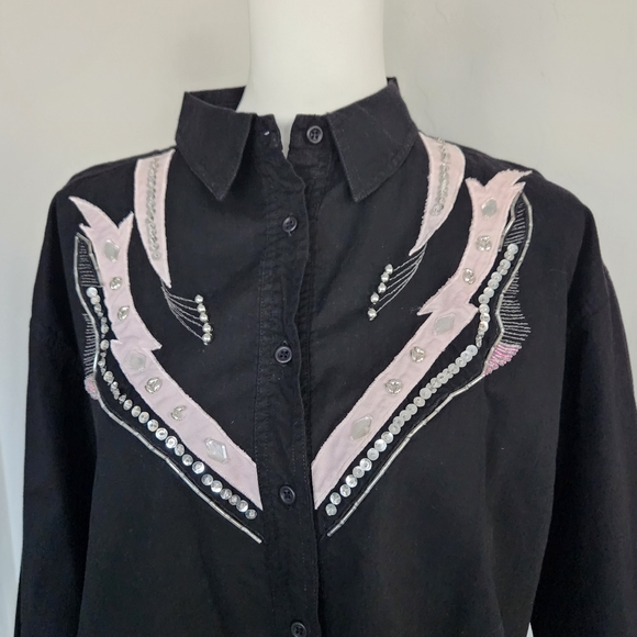 Vtg Gitano Western Button Up Collar Black Pink Bling Seqin Bead Satin Sz L - Picture 6 of 14